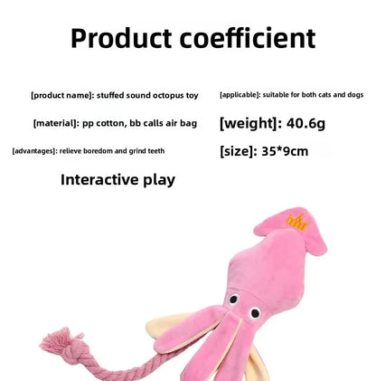 Squeaky Octopus Dog Plush Chew Toy with Braided Cotton Rope Tail Interactive Tug Puppy Teething Toy  for Small Medium Dogs