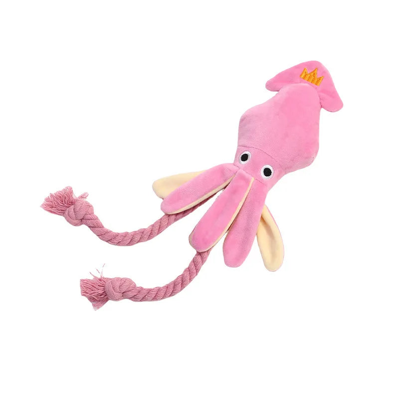 Squeaky Octopus Dog Plush Chew Toy with Braided Cotton Rope Tail Interactive Tug Puppy Teething Toy  for Small Medium Dogs