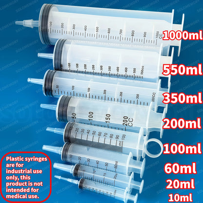 Plastic Syringe, Available in Capacities of 1000ml, 550ml, 350ml, 200ml, 100ml, 60ml, 20ml, 10ml, Suitable for Laboratory Dispensing, Dispensing Glue, Watering, and Veterinary Use