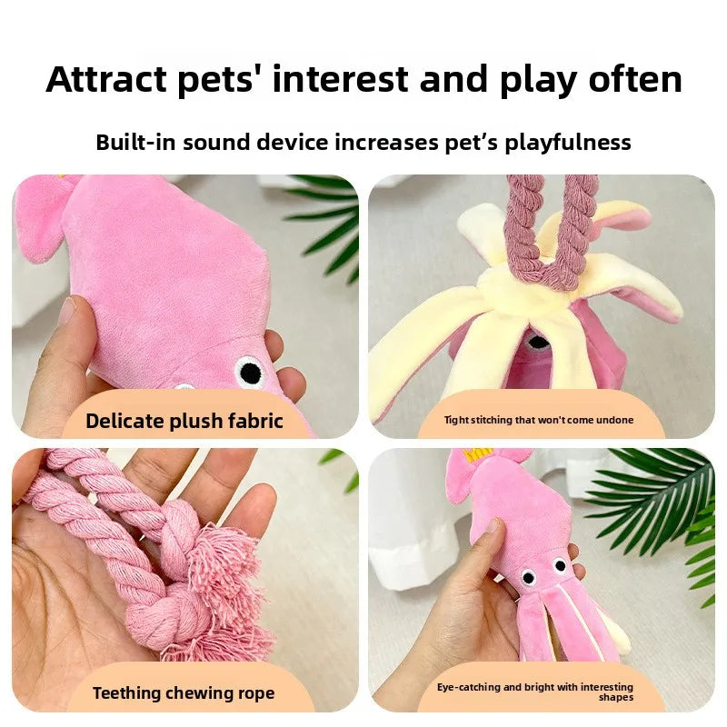 Squeaky Octopus Dog Plush Chew Toy with Braided Cotton Rope Tail Interactive Tug Puppy Teething Toy  for Small Medium Dogs