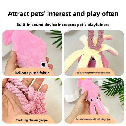 Squeaky Octopus Dog Plush Chew Toy with Braided Cotton Rope Tail Interactive Tug Puppy Teething Toy  for Small Medium Dogs