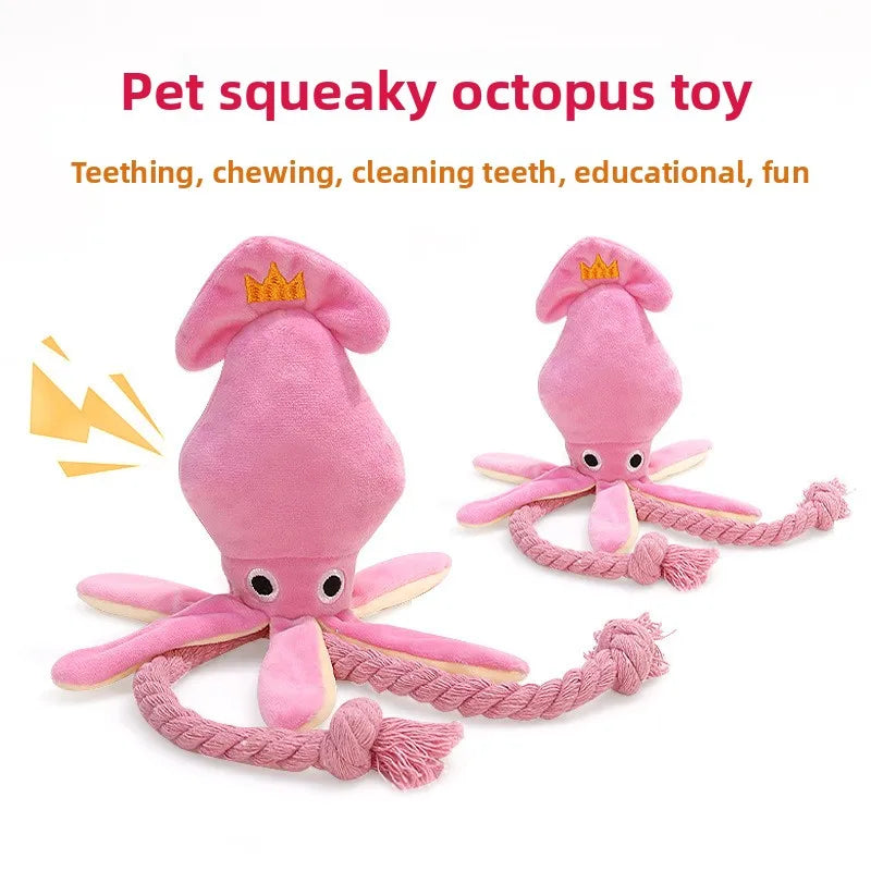Squeaky Octopus Dog Plush Chew Toy with Braided Cotton Rope Tail Interactive Tug Puppy Teething Toy  for Small Medium Dogs