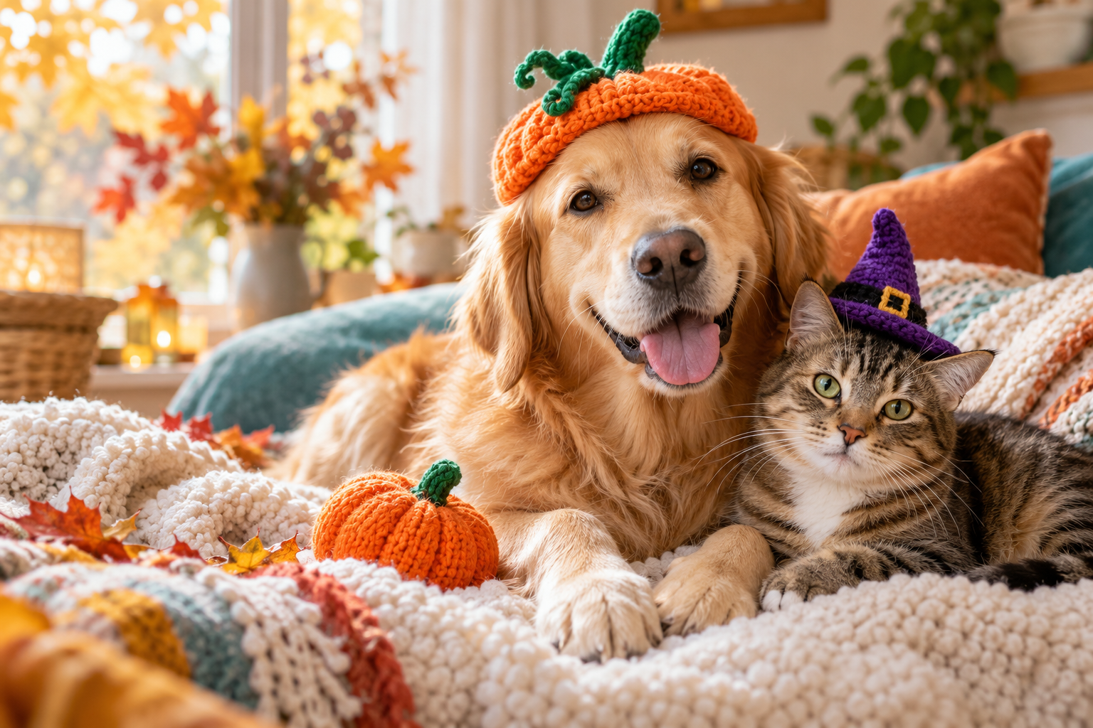 A dog and cat enjoying the season at home